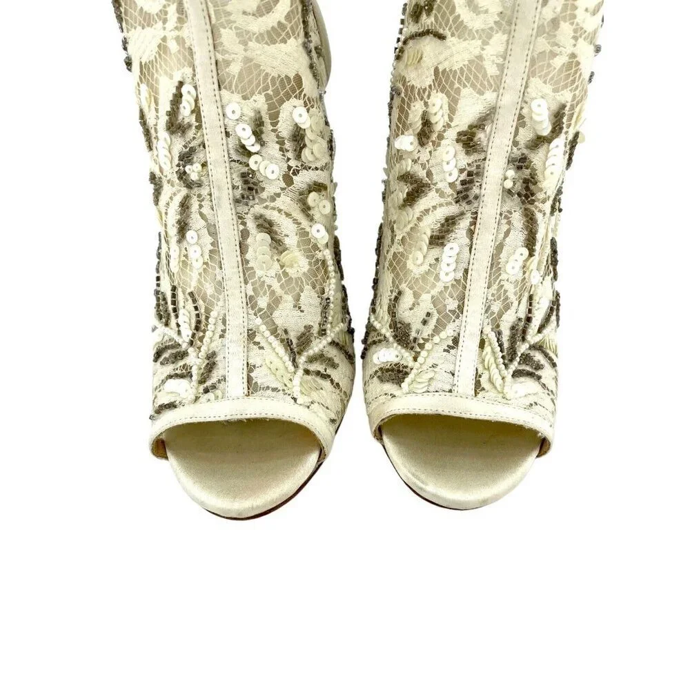 Badgley Mischka Moyra Booties Peep toe Beaded Sequin Beige Ankle SZ 7.5